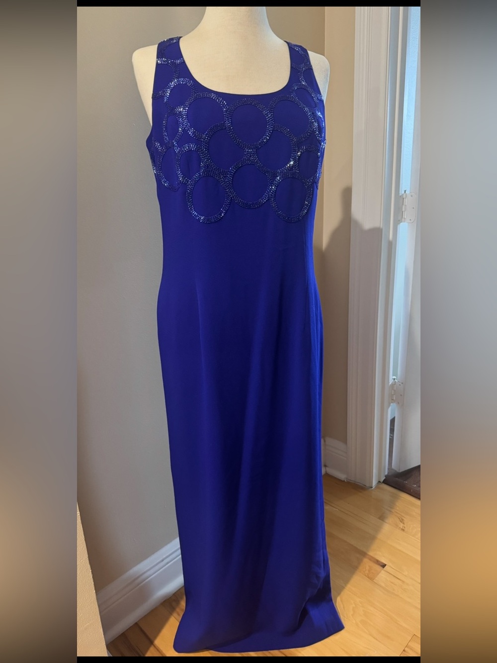 Cache vintage Cobalt Blue Maxi Dress with Beaded Circle Embellishments